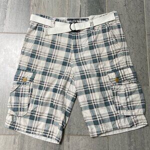 Wear First Flat Front Belted Cargo Shorts – Off‑White/Gray Plaid, Men’s Size 34